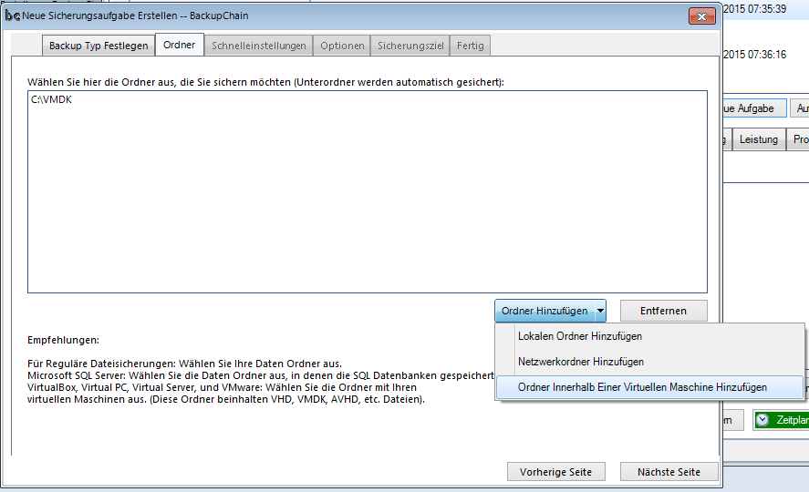 KAPA Pic Backupchain: Einen Sicherungsordner innerhalb einer VMware angeben